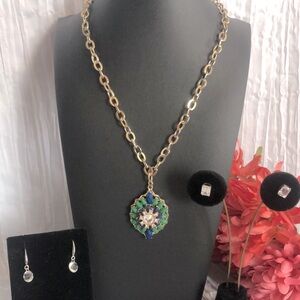 Vintage 1990s chunky green blue faux diamonds pendant necklace & 2 pair earrings